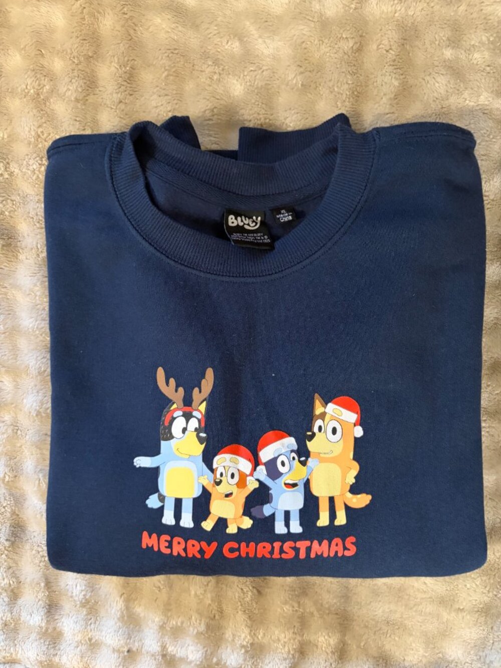 Bluey Deep Blue Merry Christmas Holiday Sweater, soft comfort sweatshirt Size XL